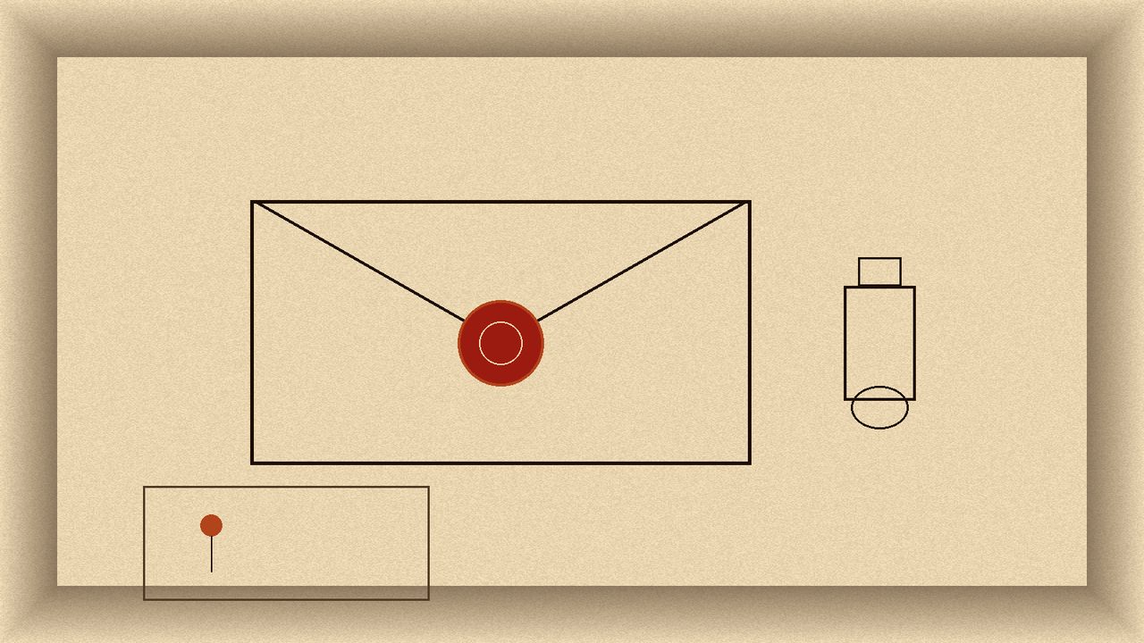Wax-sealed letter, ink bottle, and a pinned map note
