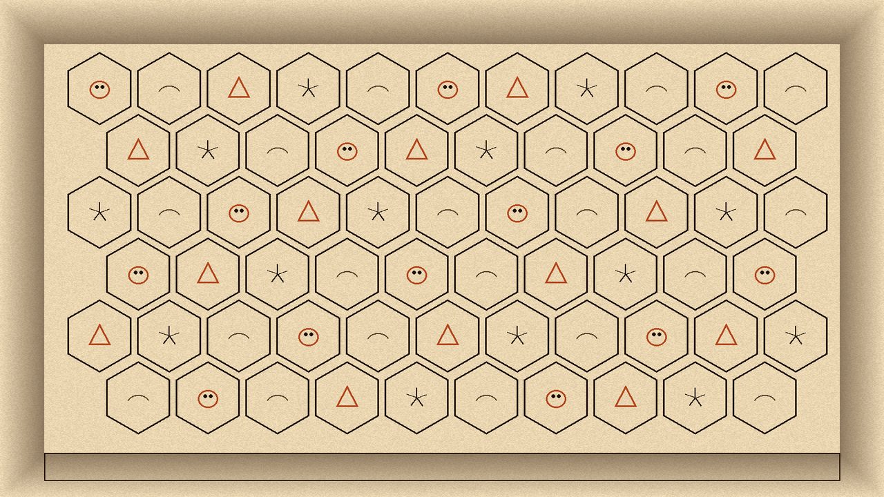Hex map marked with lairs, empty ground, hazards, and wonders